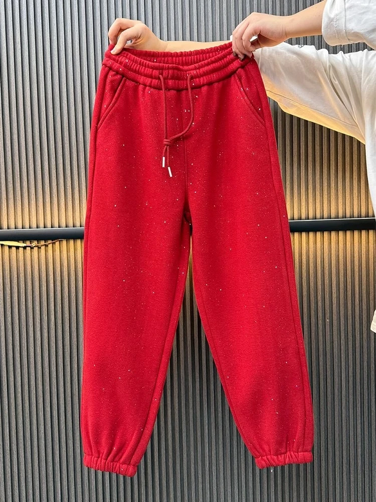 レッドフリース裏地スウェットパンツレディースファッションY2kファインフラッシュハイウエストハーランパンツ冬ルーズ厚く暖かいクロップドパンツ