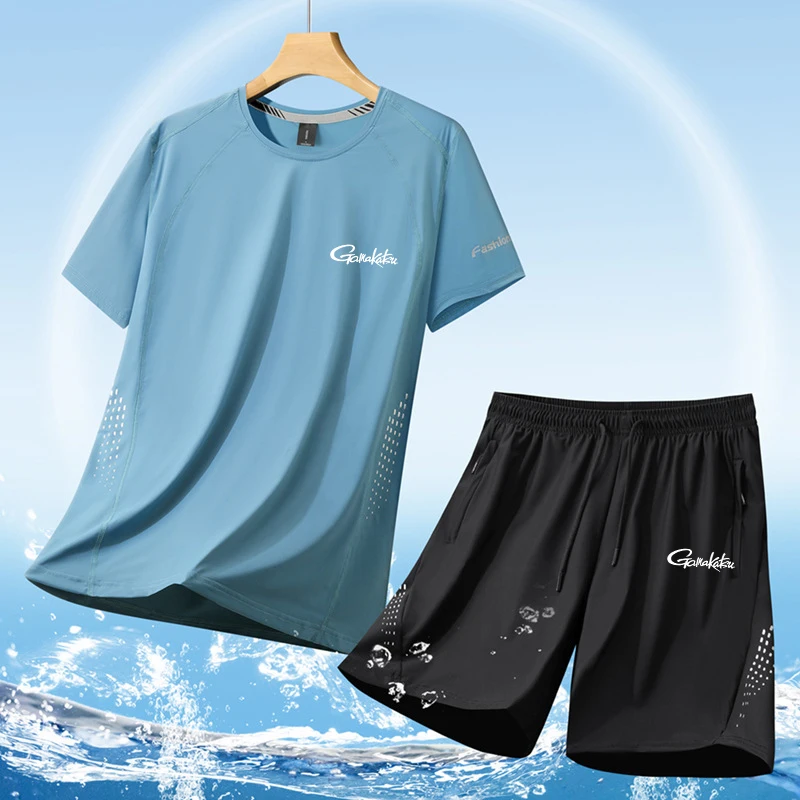 

Gamakatsu Fishing, лето 2029, мужской дышащий быстросохнущий комплект, модная свободная повседневная футболка с короткими рукавами + шорты, комплект из двух предметов