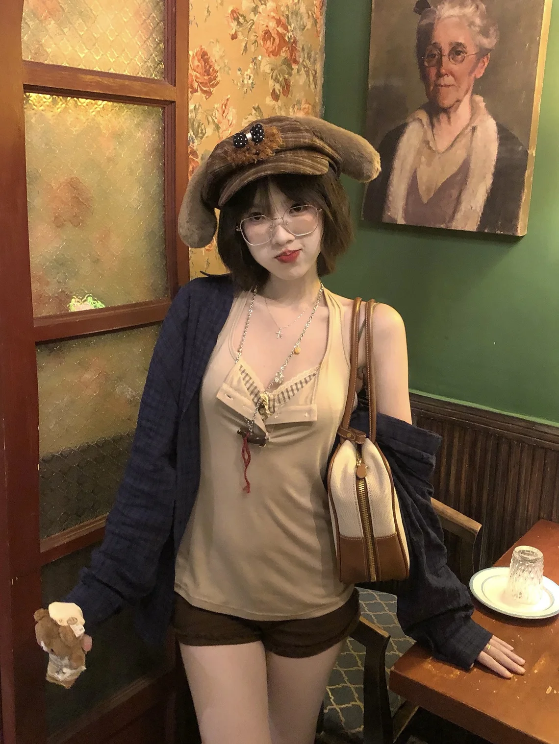 

ALITTLE Lazy Formula Brown Plaid Crop Top And Vest Set Women's Loose Sle Elastic Fiber Blend Ciwalk Outfit V-ne Design