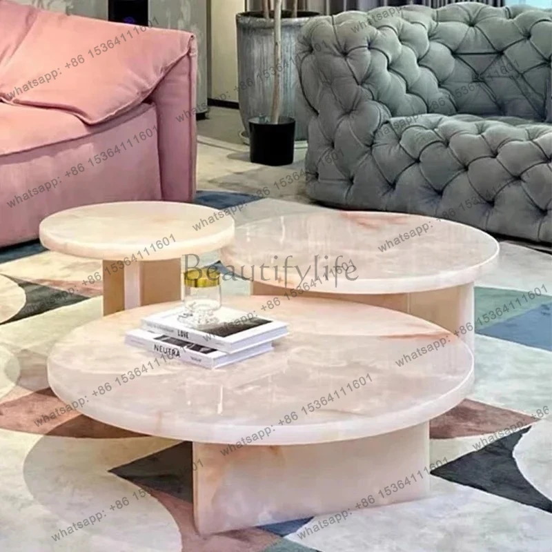 LXTavolino da caffè italiano leggero di lusso in marmo naturale rosa tavolino combinato con bordo rotondo per piccoli appartamen