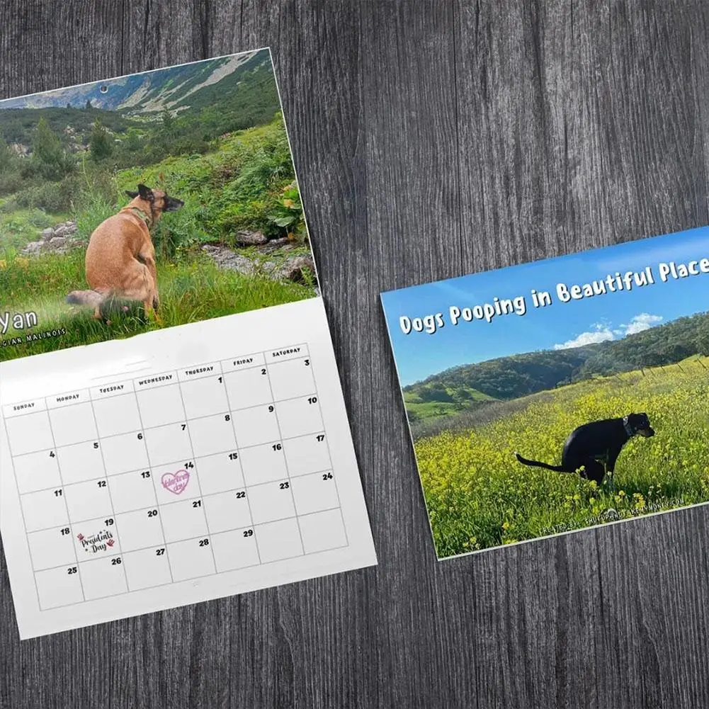 Calendario de pared de perros Pooping divertidos, regalos únicos para amigos con patrón impreso de perro lindo, arte colgante de pared, calendario