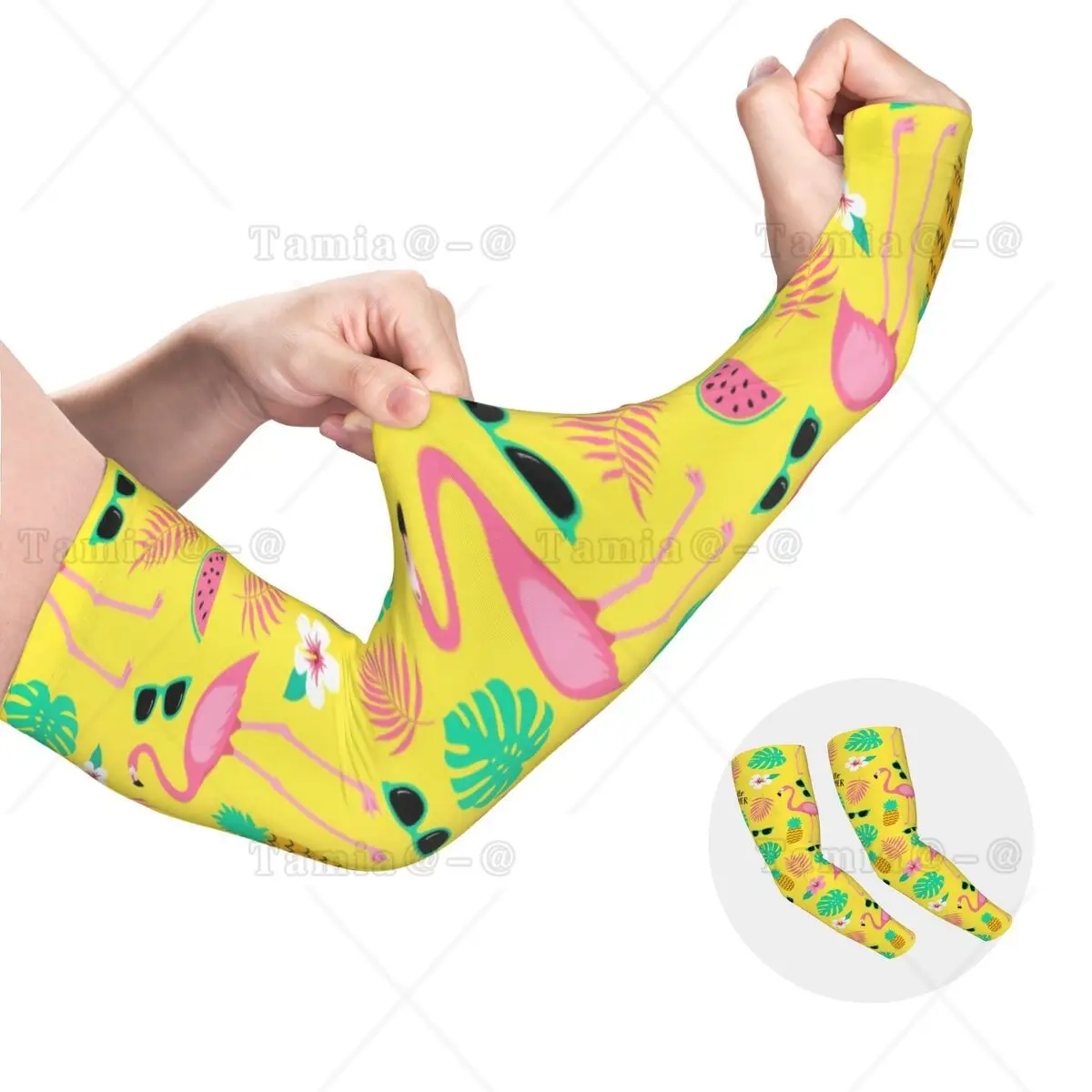 Custom Flamingos Leaves Cooling Arm Sleeves Men Women Athletic Sports Tropical Pineapple Pattern Tattoo Cover Up for Hiking