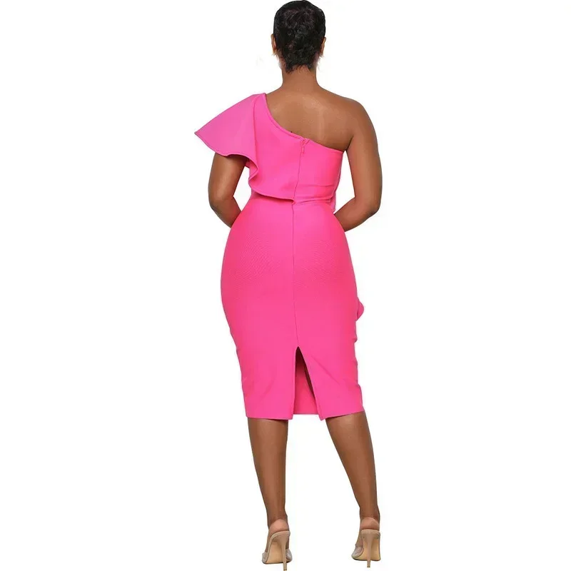 GUWU Ruches Splicing Een Schouder Skew Hals Bodycon Vrouwen Jurk Sexy Party Clubwear Bandage Midi Knielengte Jurken