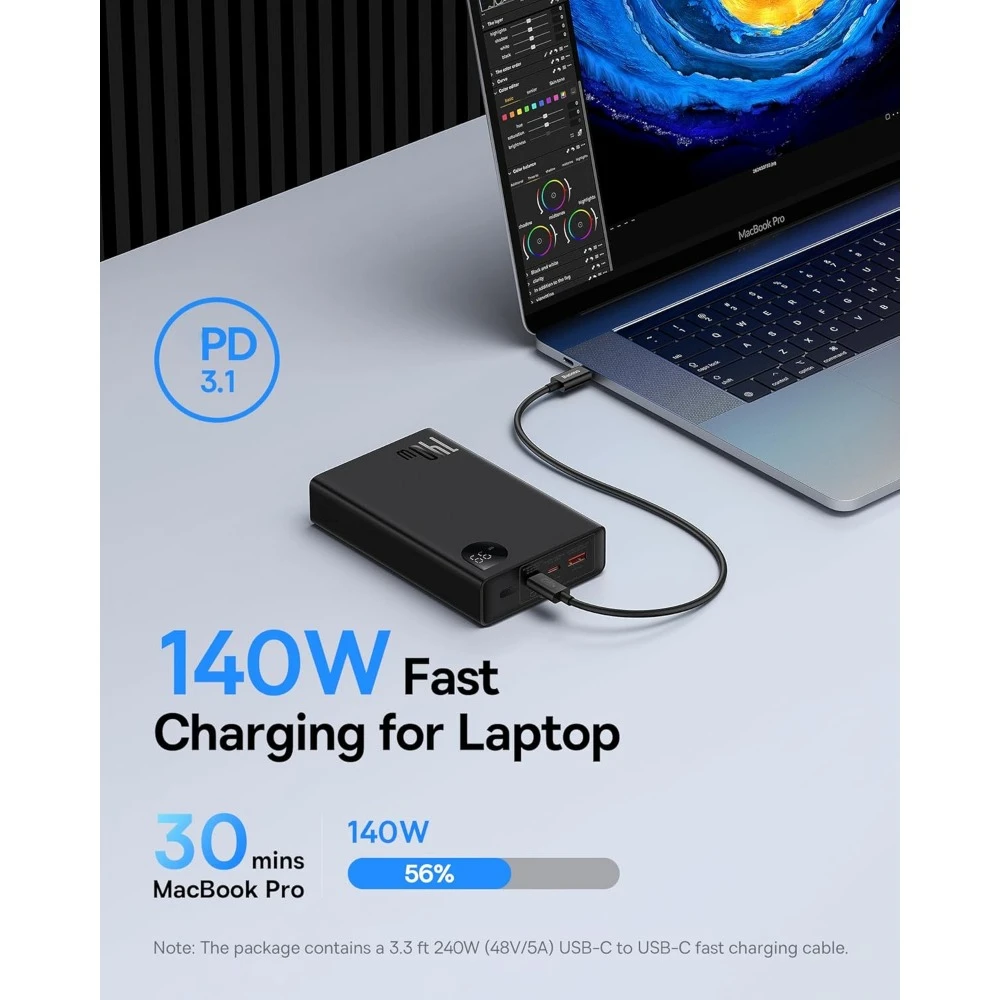 140W Portable Charger, 24000mAh Laptop Power Bank, 3 Port Fast Charging USB C Battery Pack, Smart Digital Display Battery Pack