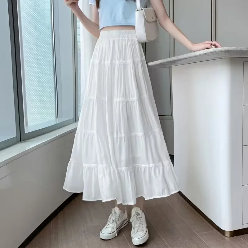 

White Beige Black Elegant Skirt Summer A-line High Waist Casual Midi Skirt Fashion New Women