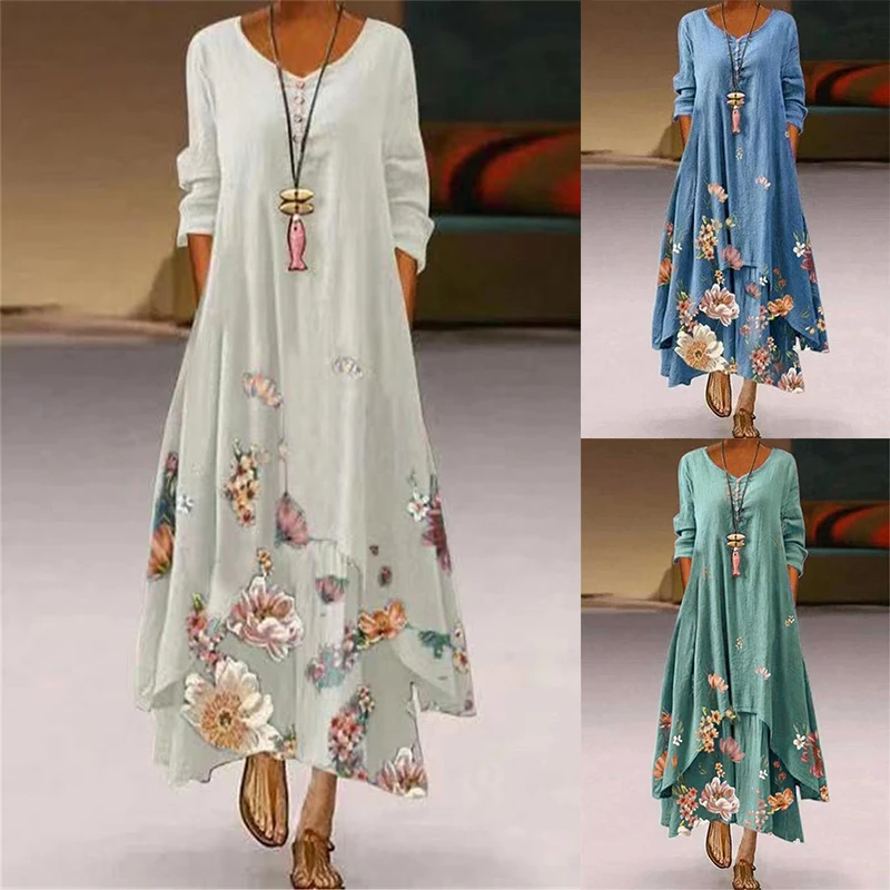 

Summer Floral Print Long Sleeve Dresses Women O Neck Buttons Irregular Hem Maxi Dress Loose Plus Size Party Vestidos Long Dress