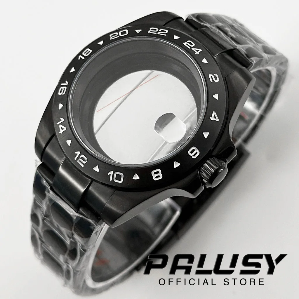 

NH35 40mm EXP GMT Black Watch Case Sapphire Glass Fixed 24 Hour Bezel Steel Bracelet Fit NH34 NH35 NH36 ETA2824 PT5000 Movement