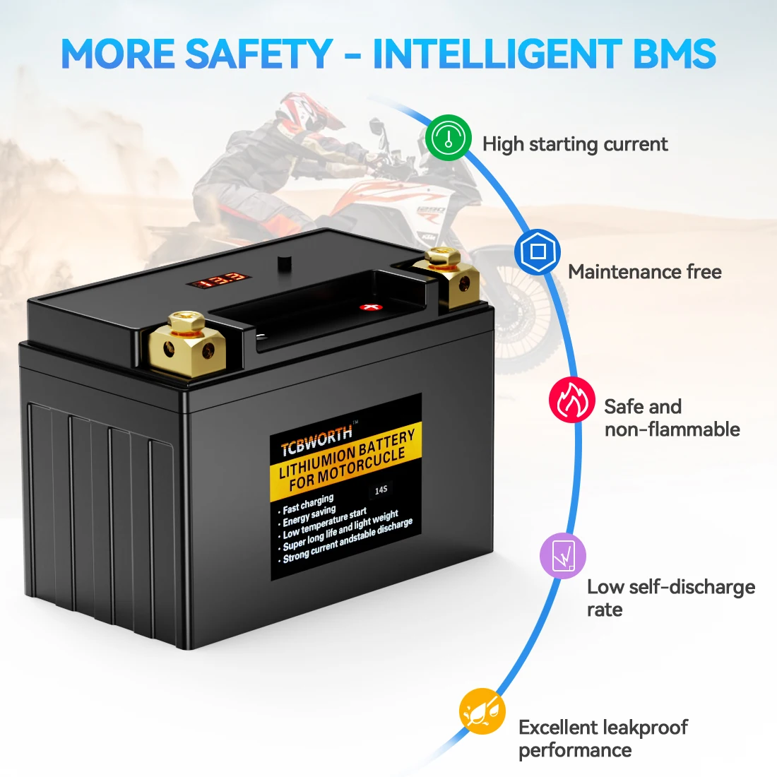 TCBWORTH 14S Lithium-Motorradbatterie LiFePO4 14S 12,8 V 8 Ah 480 CCA für Motorrad, ATV, UTV, Jetski, Generator, 4 Wheeler – Detail 3