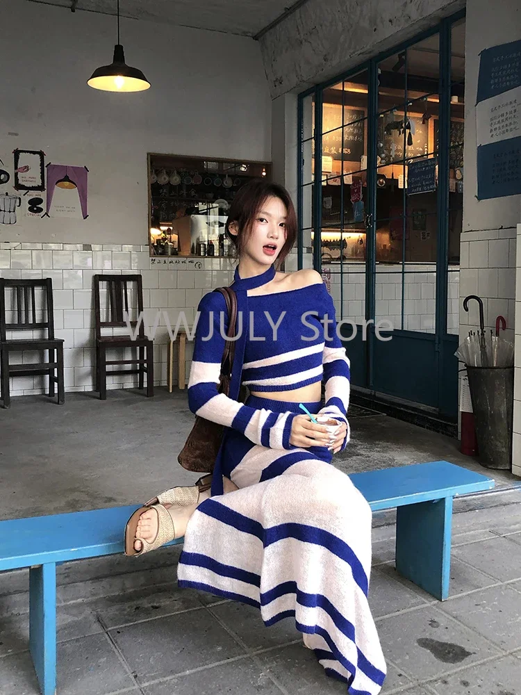 2024 New Blue Knitted Sets Women Korean Fashion Striped Suit Casual Y2k Crop Tops + Slim Bodycon Midi Skirt Elegant Chic