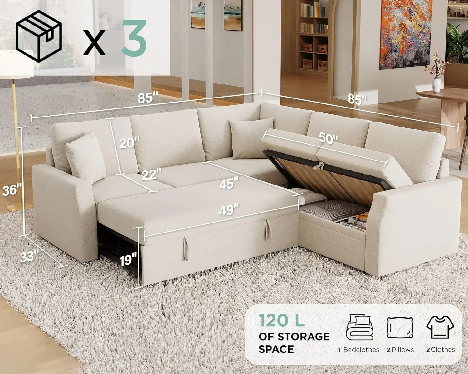 Sofa Bed, 85 Inch Sleeper Sofa with Pull Out Bed & Storage Seat, Reversible L Shape Sectional Couch for Living Room Apartment, B