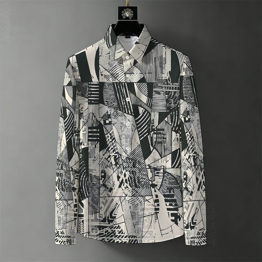 2026 Spring/Autumn New Men's Business 3D Printed Long-Sleeve Shirt, Retro Baroque Color Block Wrinkle-Free Casual Shirt