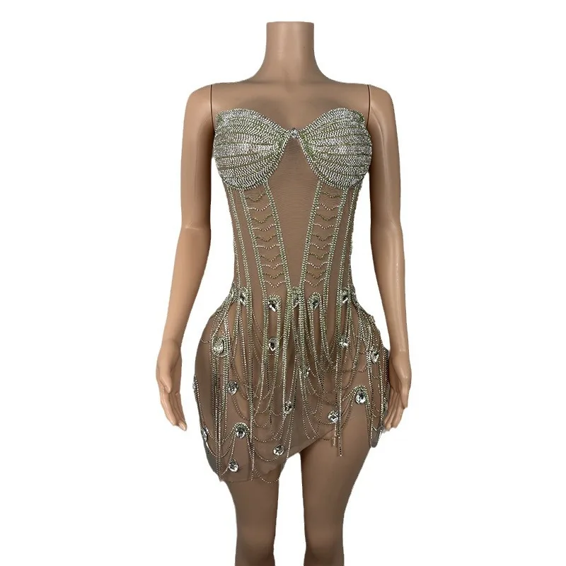 Diamond Costume Vacation Seaside Fringed Slim Dress Singer Costume Banquet Party Dress Vestido Corto Elegantes Vestidos De Festa