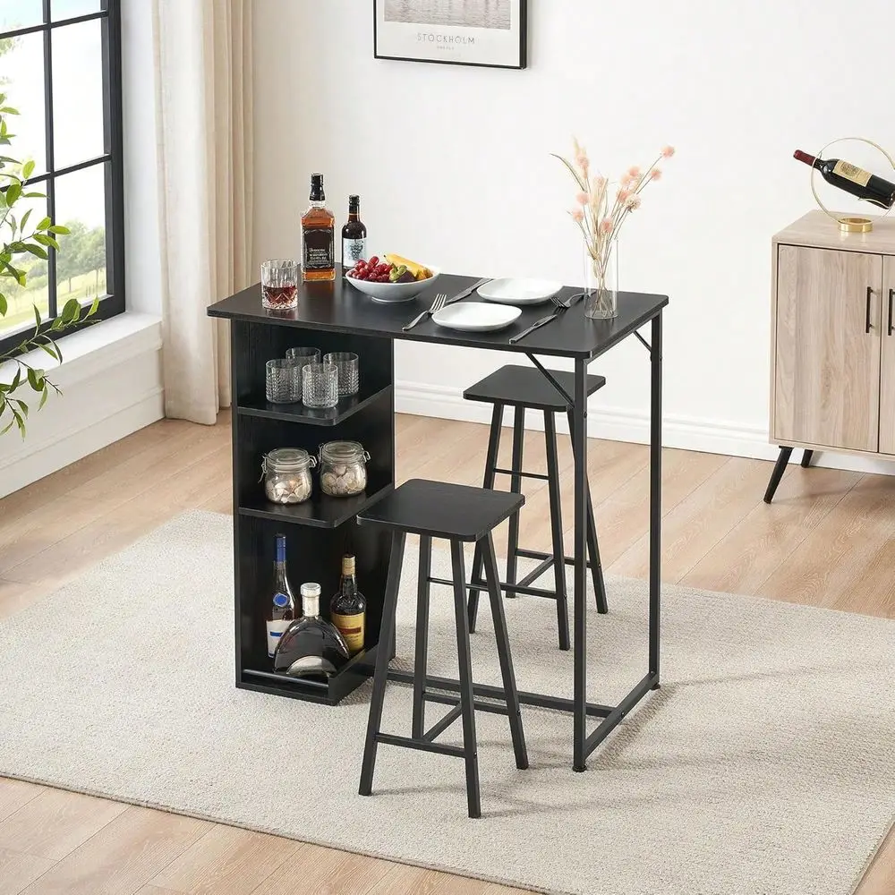 

Bar Table And Chairs Set For 2, 3Piece Bar Table Set With 3 Tier Storage Shelves, Space Saving Table For Small Apartment, Livin