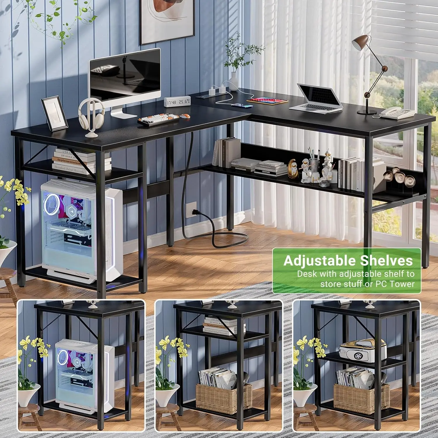 Table Réversible en Forme de L avec Prise de Courant et Port USB, Bureau d'Ordinateur d'Angle Robuste avec Support de Rangement