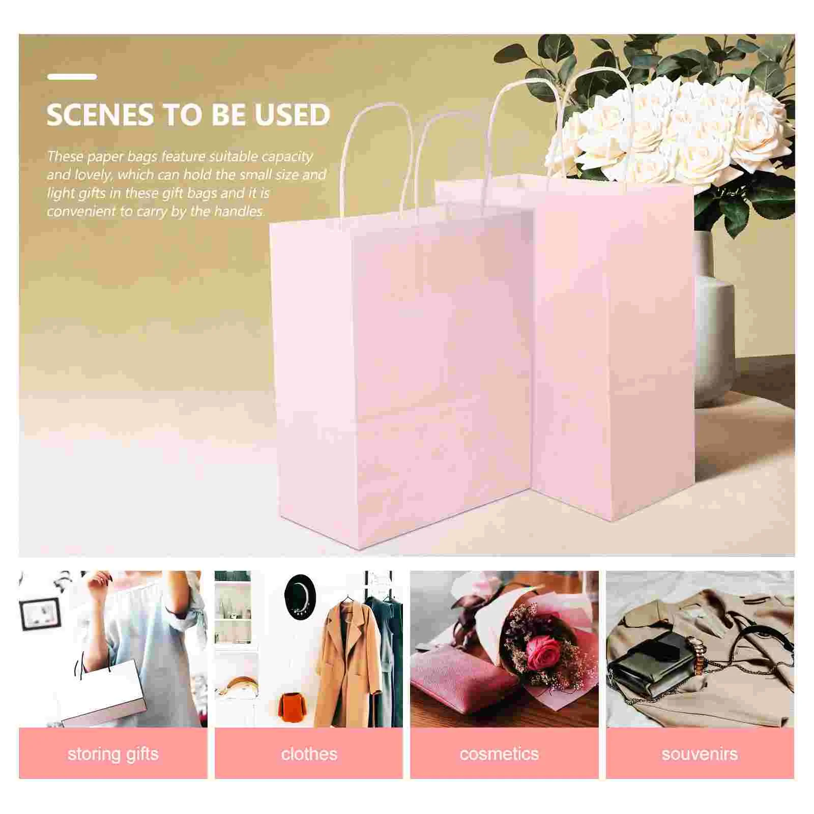 12 Pcs Pink Gift Bag Kraft Goodie Bags Paper Cookies with Handles Medium Size Packing Present Gifts Festival Bulk