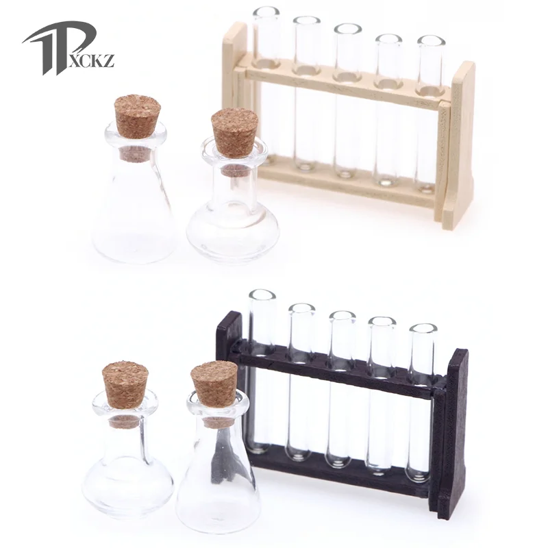 1Set 1:12 Dollhouse Miniature Test Tube Measuring Cup with Rack Laboratory Model Decor Toy Doll House Accessories