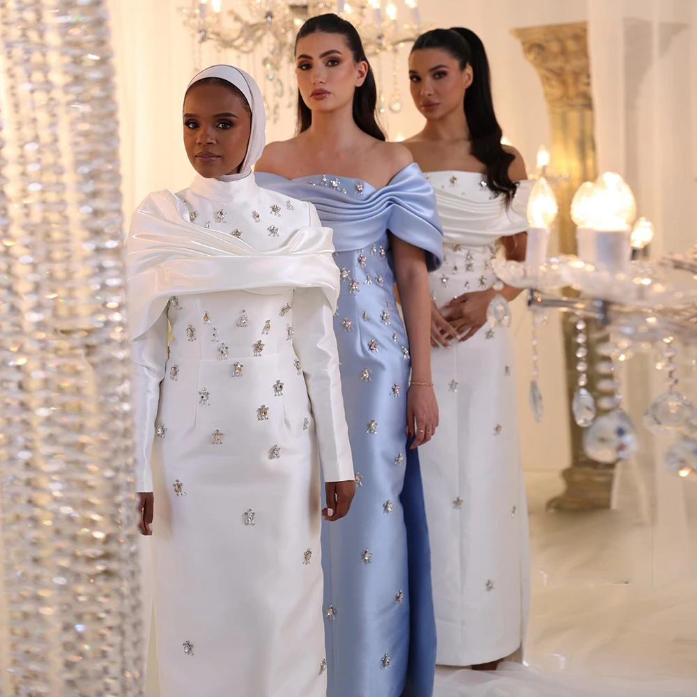 샤론은 웨딩 파티 SS271 맞춤형 오버 스커트 크리스탈 아랍어와 우아한 하이 넥 긴 소매 이슬람 이브닝 드레스를 말했습니다.
