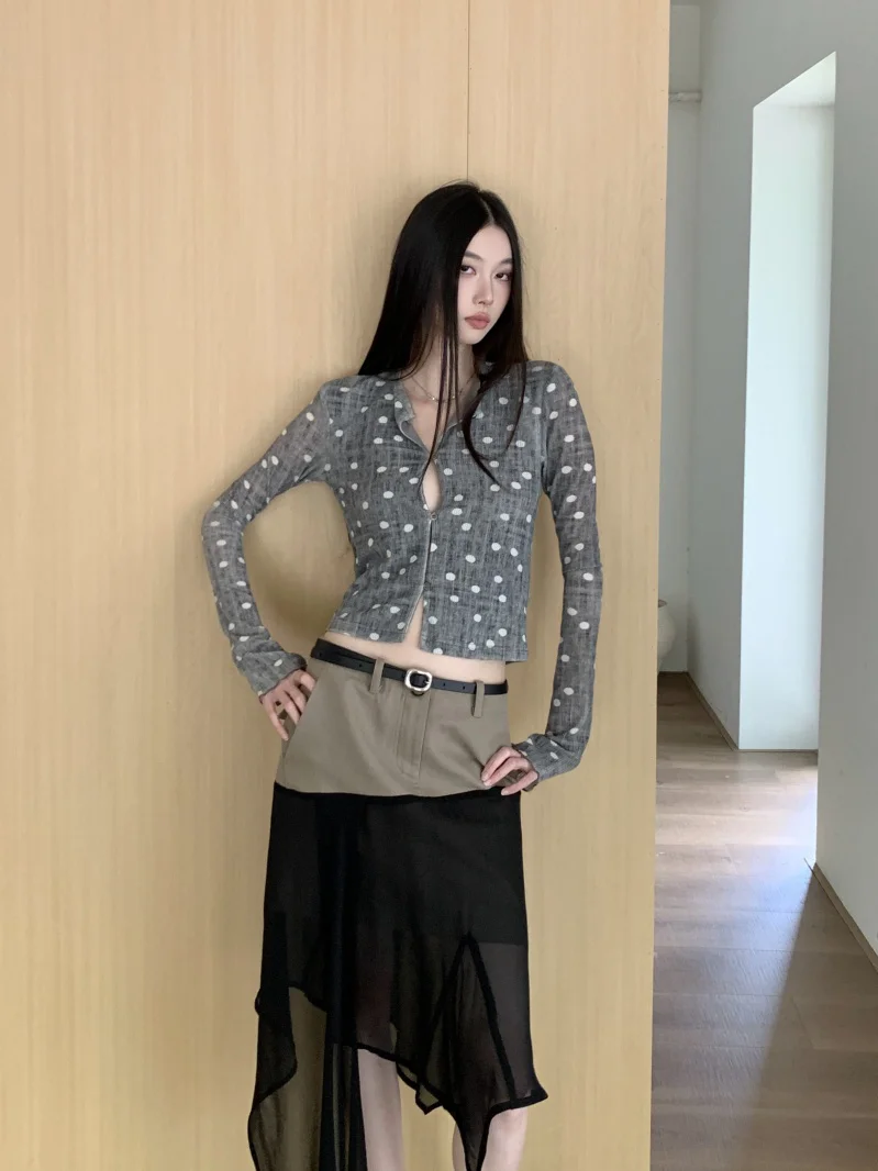 

Mipai ey Polka Dot Print Long Sve Knitted ort Cardigan Women's Early Autumn Sexy Spicy Hanfu Set Casual Faion