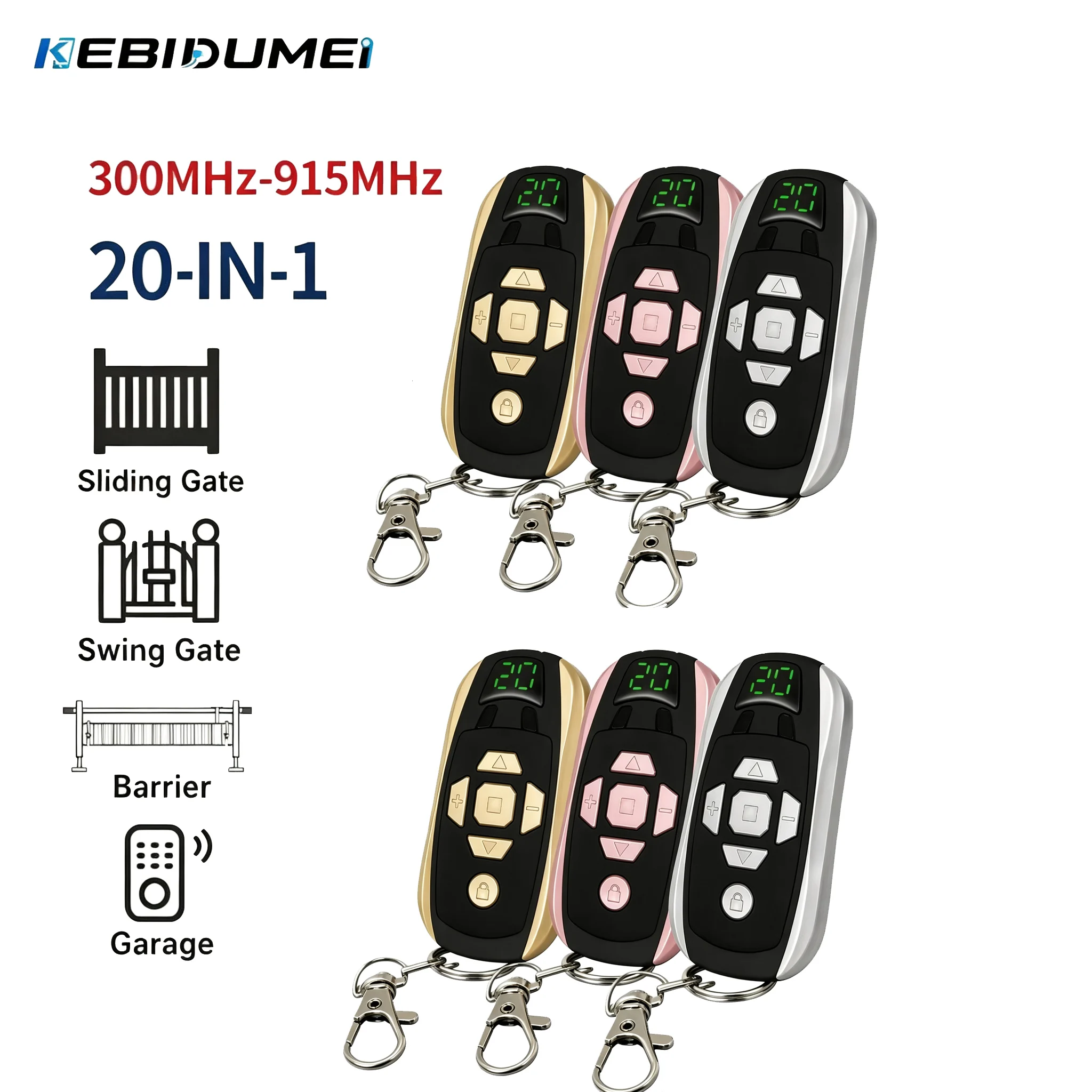 KEBIDUMEI 20 in 1 Garage Door Remote Clone Key Fob Multi Frequency 300-915MHz Transmitter Universal Gate Control for Car Gate