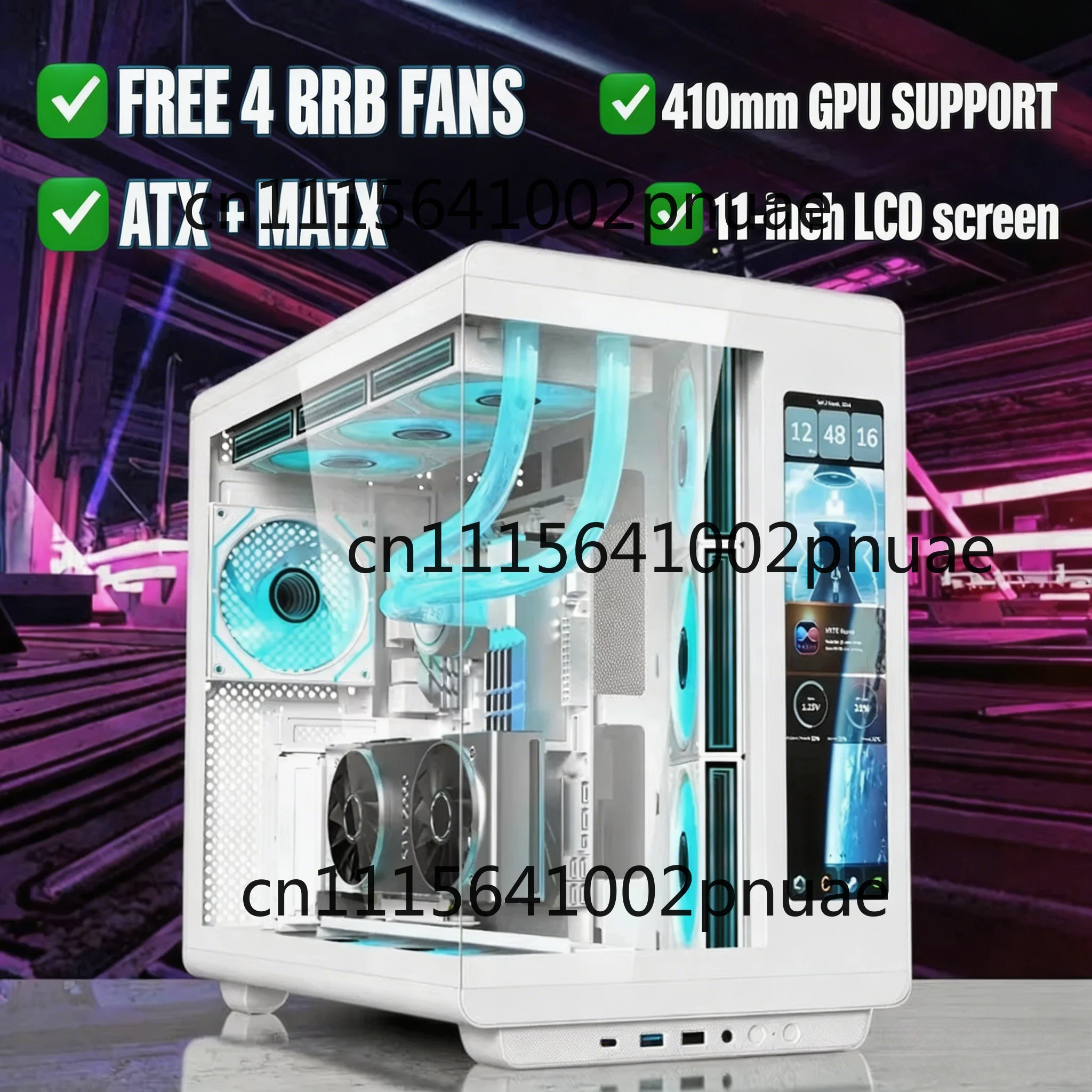 4 RGB Fans Included Gaming PC Case with LCD Screen, ATX MATX Tempered Glass, Supports 400mm GPU 360 Liquid Cooler