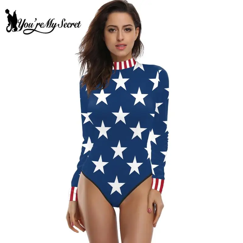 [You\'re My Secret] Womens Slim Bodysuits Tie-dye Printed Long Sleeve Turtleneck Female Rompers Independence Day Party Streetwear