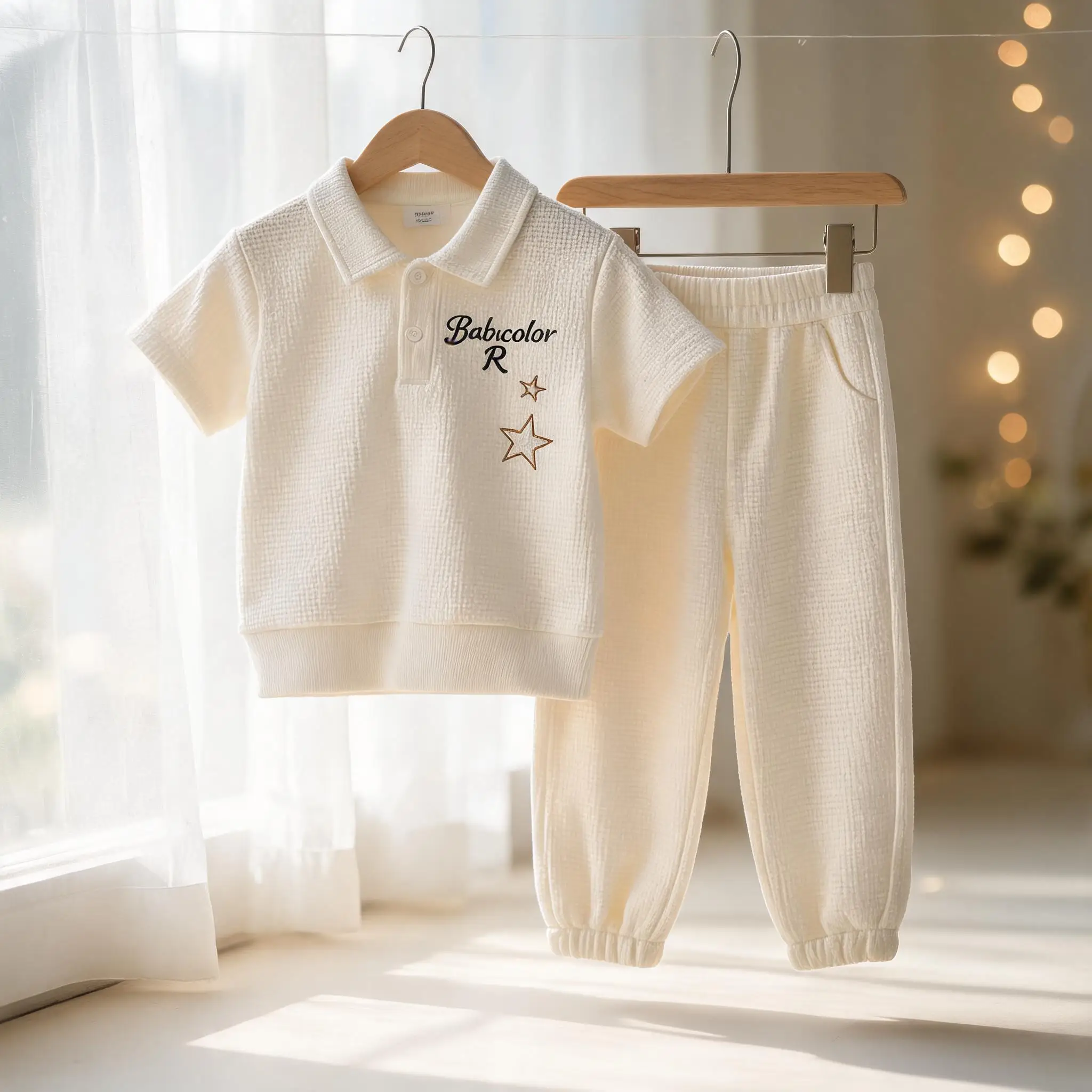 Toddler Summer Waffle Polo Set Kids Short Sleeve Star Embroidery Tops Elastic Cuff Jogger Pants 2Pcs Baby Casual Outfit
