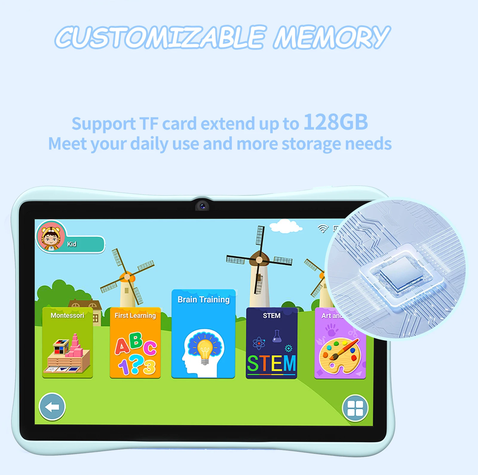 تابلت للأطفال مقاس 7 بوصات بسعة 4 جيجابايت + 64 جيجابايت، تحكم رباعي النواة لوحدة المعالجة المركزية، تطبيقات تعليمية، نظام أندرويد 13، بطارية 4000 مللي أمبير في الساعة