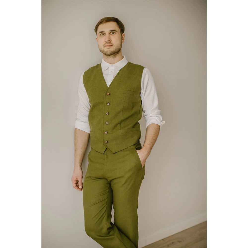 Men's Fashion Suits Elegant Man Suit for Wedding Tuxedo Casual 2 Piece Vest+Pants Single Breasted Waistcoat Linen Male Summer