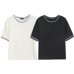Maxdutti Fashion Contrast Round Neck Cotton T-shirt For Summer Nordic Minimalism Short Sleeved Tshirts Women Tops