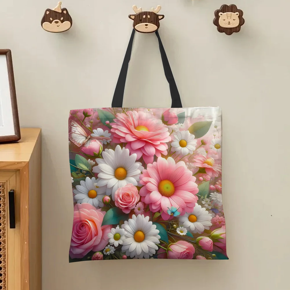 กระเป๋าผ้าลินินความจุขนาดใหญ่ดอกไม้ 4 ชิ้น