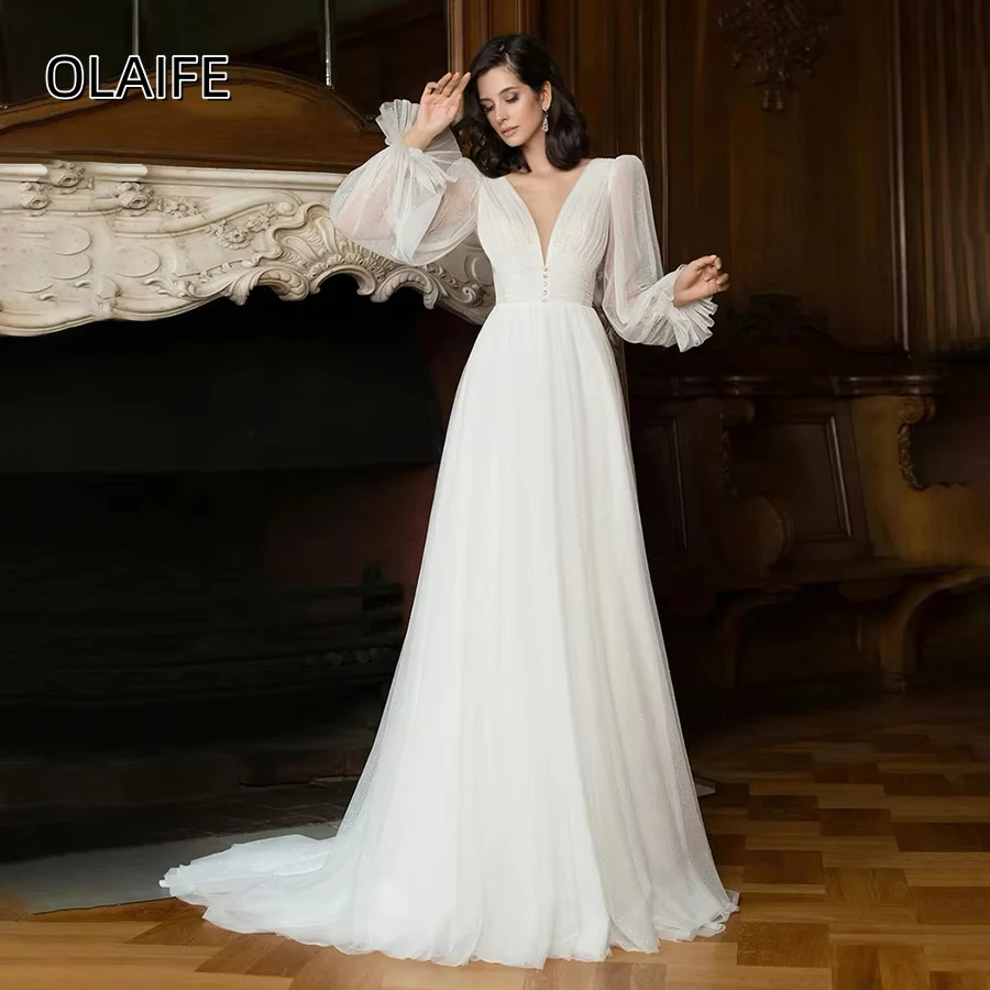 Olaife Elegant Long Sleeve V-Neck Wedding Dresses Sexy Illusion A-line Bride Gown Sparkly Backless Tulle Skirt Свадебное платье