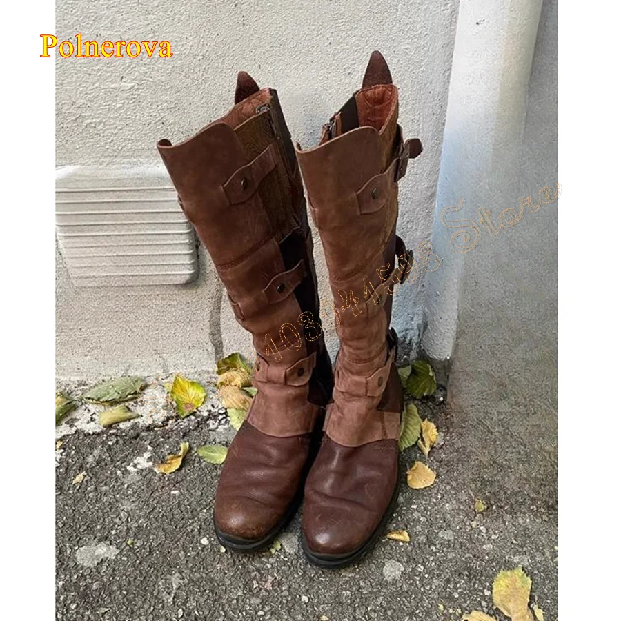 

Vintage Buckled Leather Patchwork Boots,Round Toe Low Heel Zipper Knee Boots Fashion Women Boots 2023 New Zapatos Para Mujere