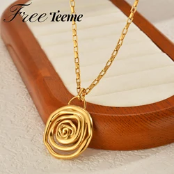 Freeteeme Trendy Rose Flower Necklace for You Stainless Steel Gold Plated Round Man Pendant Neck Jewelry Women Christmas Gift