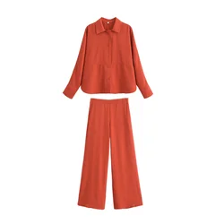 PB&ZA2024 Autumn New Women's Fashion Style Commuting Leisure Versatile Collar Long Sleeve Shirt Wide Leg Pants Set