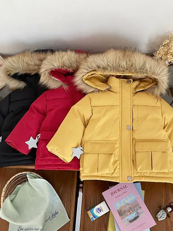 

Children's down Jaet Winter New Hat Fur Collar Star Decoration Boys' Warm Top Coat Cotton Material Long Sve Mid-Length
