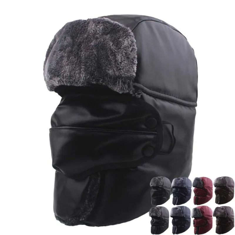 Winter PU Leder Maske Hut Outdoor Fleece Gepolsterte Warme Bomber Hut Winddicht Kälte Beweis Gehörschutz Kappe Russische Hut Unisex