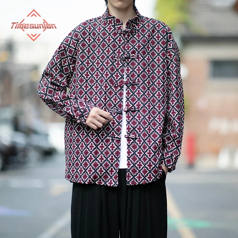 

Мужская вельветовая рубашка в китайском стиле с длинными рукавами, теплое осенне-зимнее модное пальто с воротником и принтом, повседневная элегантная мужская одежда