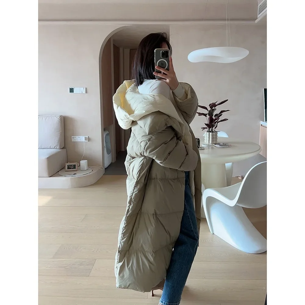 2024 Fluffy White Duck Down Jacket Women Winter Thickness Warm Long Puffer Coat Hooded Female Fashion Fake Two-piece Parkas