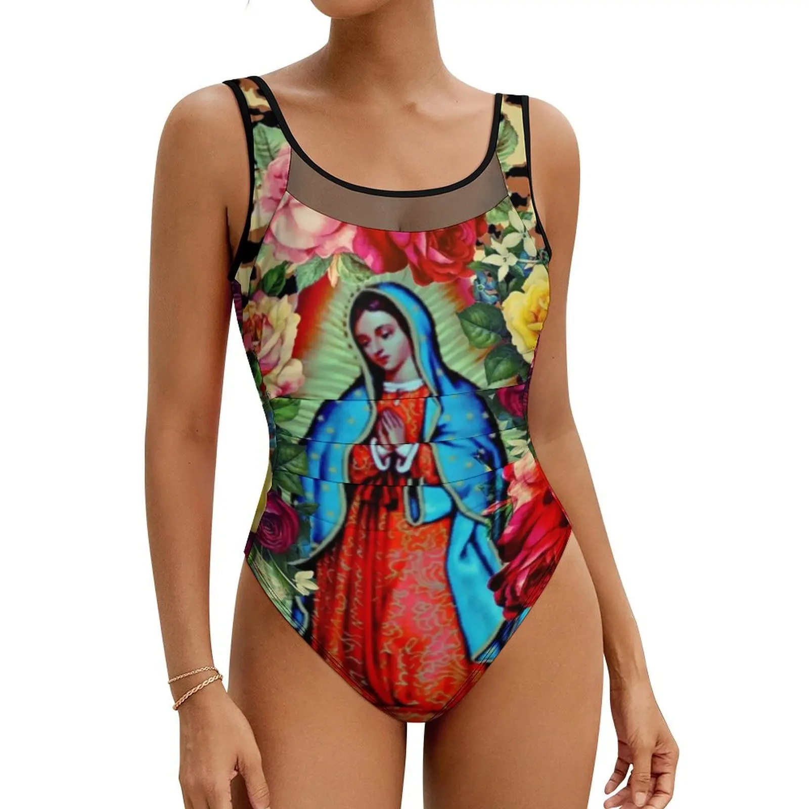 Guadalupe Virgin Mary Swimsuit Floral Swimwear One-Piece Holiday Bodysuit Cut Out Bathing Suit Women Push Up Sexy Beach Wear