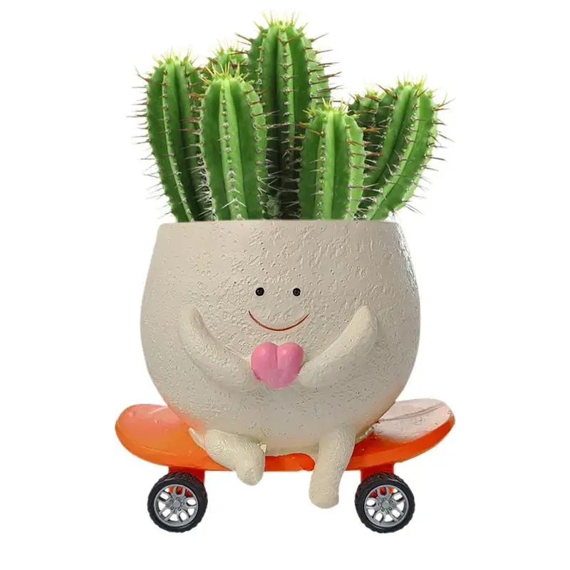 

Swinging Plant Pot Movable Roller Skating Head Flower Pots Unique Succulent Pots With Smile Face Roller Base Pot Movers Plant