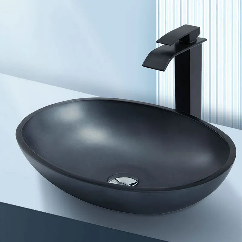 Oval gun gray matte tempered glass countertop basin, modern simple household washbasin, high-end design artistic basin GN320ED