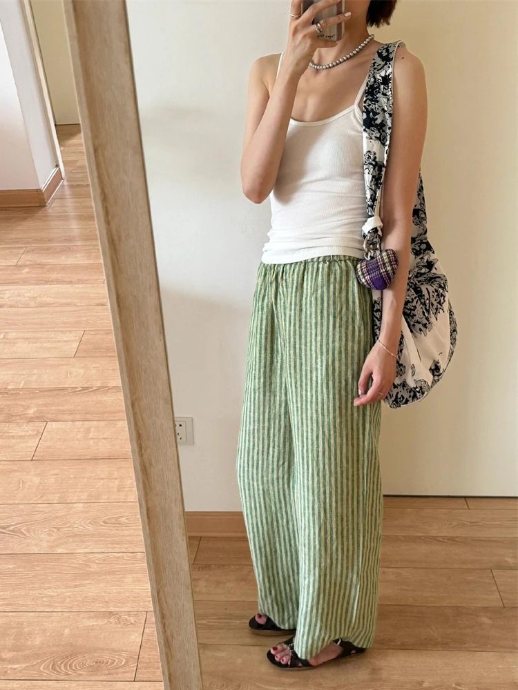 Recomendação de nível Chao! Design japonês Sensation Casual cor tecido linho listra calças de nove peças cintura elástica completa para...