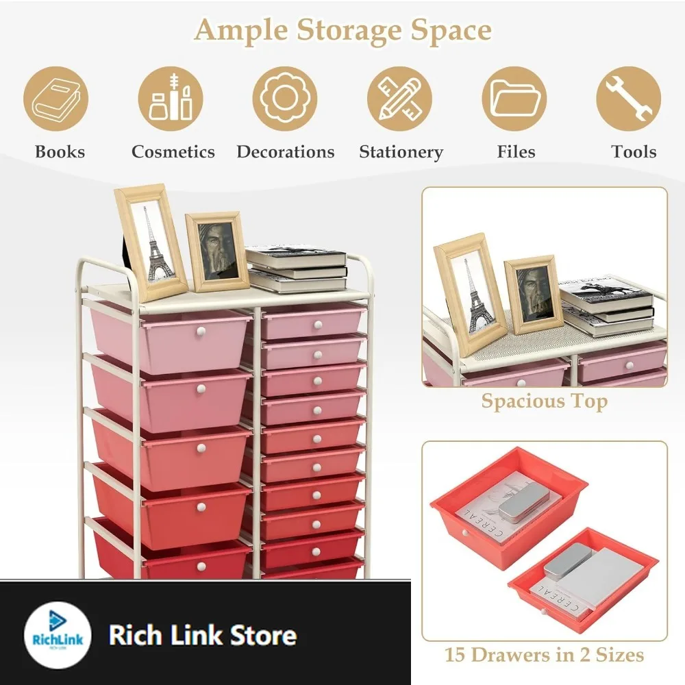 

15 Drawer Rolling Storage Cart Organizer Cart Tools for Office School Utility Cart Paper Organizer with Wheels