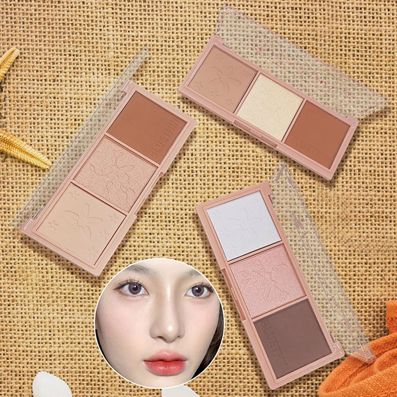 Três Cores Destaques Paleta de Maquiagem, Face Matte Shadow, Lasting Glow, Brighten Contour, Shimmer Powder, 3D Nose Cosmetics, Ferramentas de maquiagem