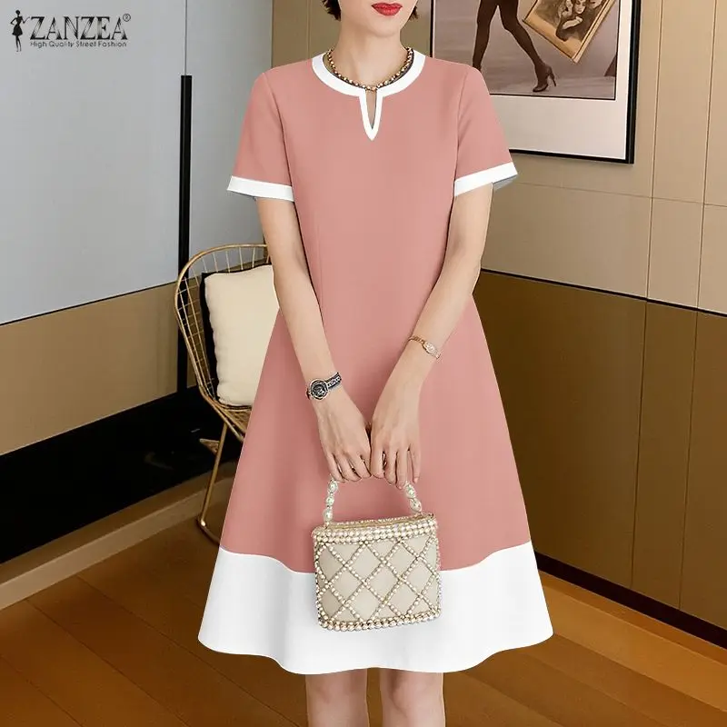 

Stylish Women Patchwork Dresses ZANZEA 2026 Summer Dress Elegant V Neck Party Work Sundress Casual Short Sleeve Knee Length Robe