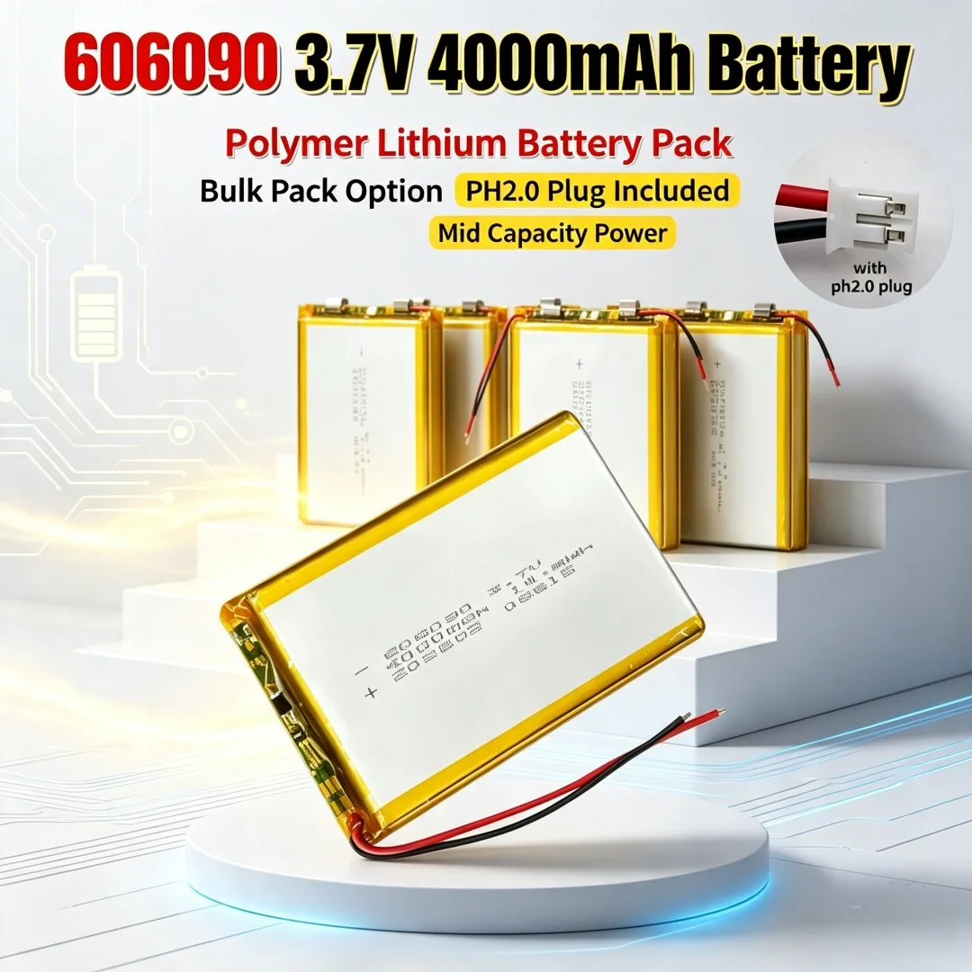 3.7V 4000mAh 14.8Wh 606090 Li-Polymer Replacement Li Lipo Battery JST PH2.0 2Pin Connector For GPS Camera LED