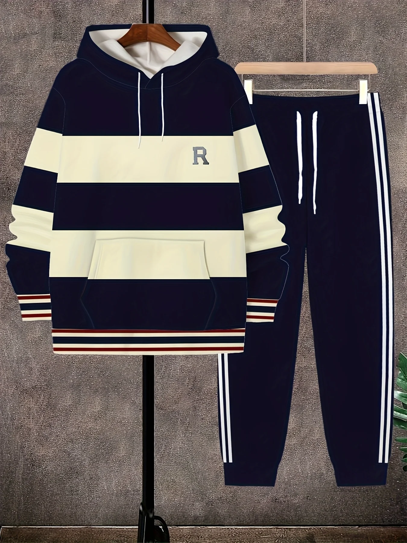 

2025-26 Autumn/Winter New Y2K Sports Set Simple Stripe Printed Men's Fashion Super Large Speed Drying Top+Pants Two Piece Set