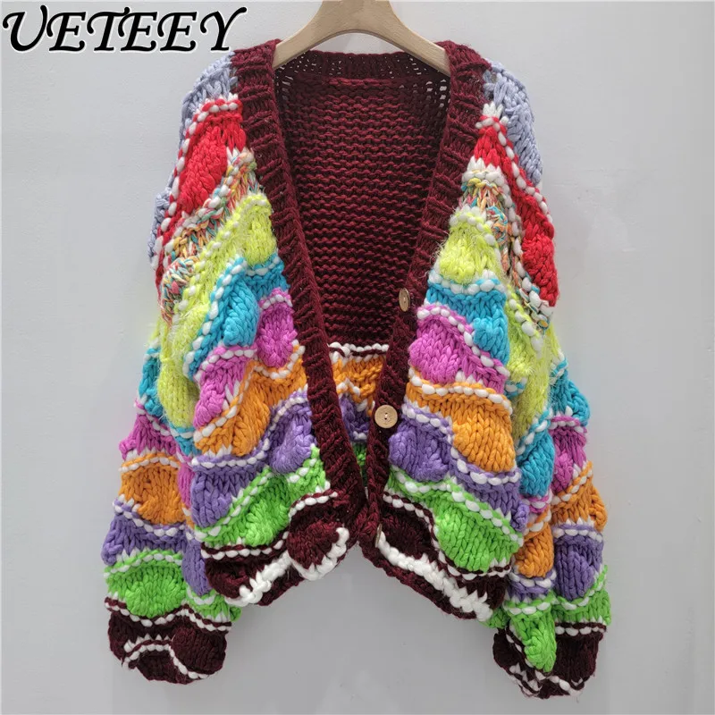 

Красочный толстый вязаный свитер ручной работы с v-образным вырезом, пальто, осень-зима, новая мода, тяжелый однобортный вязаный кардиган