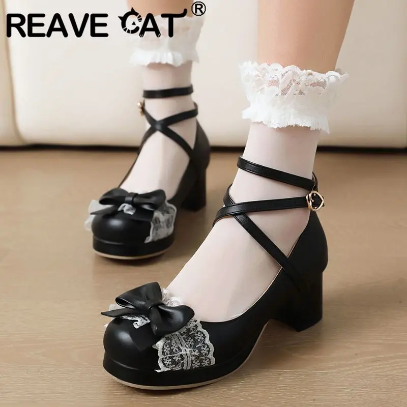 REAVE CAT Lolita Girls Pumps 28 29 Round Toe Chunky Heels 5cm Platform Shoes Buckle Strap Big Size 47 48 Sweet Shoes