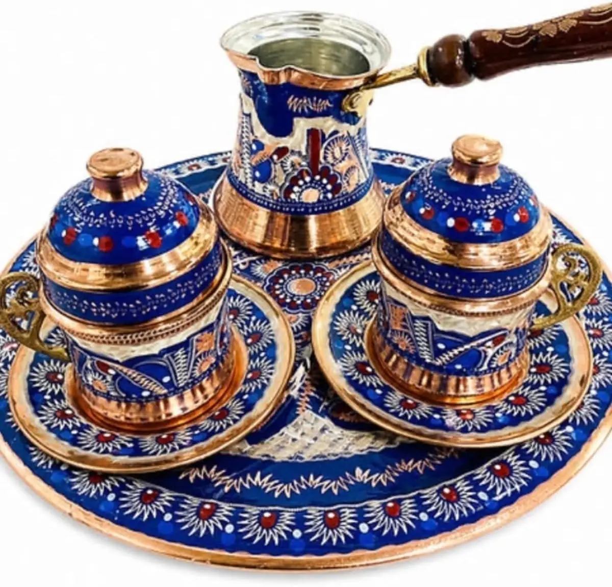 Handcrafted Copper Turkish Coffee Set for 2, Erzincan Hand-Engraved with Blue Enamel, Includes 2 Lidded Cups, Saucers, Cezve, an